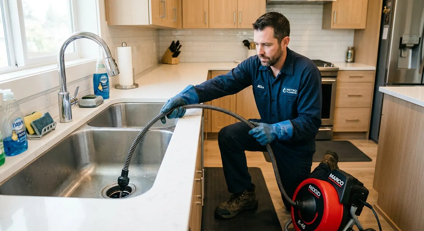 Drain cleaning technician using a motorized snake on a kitchen sink in Lincoln City