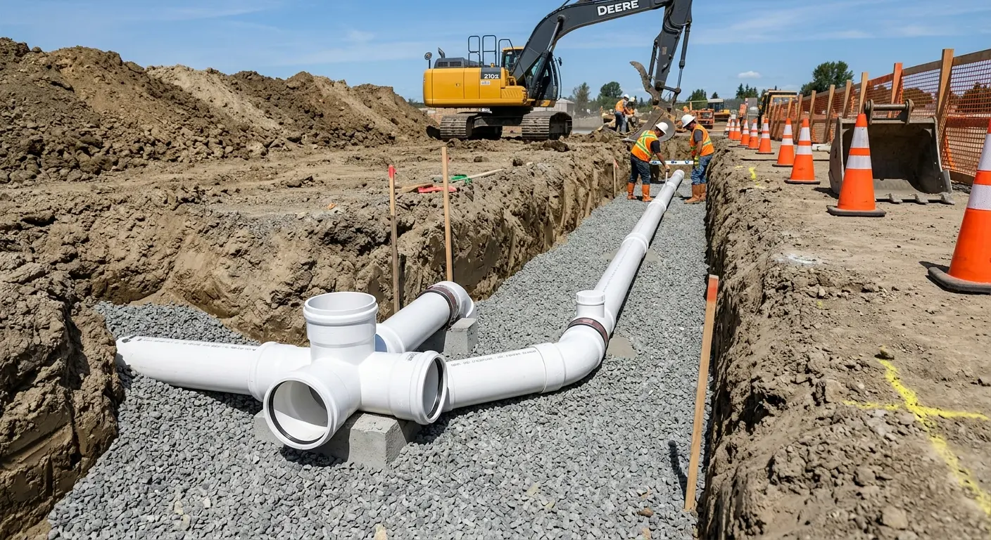 New PVC sewer pipe installation in open trench for Grease Trap Cleaning in Lincoln City