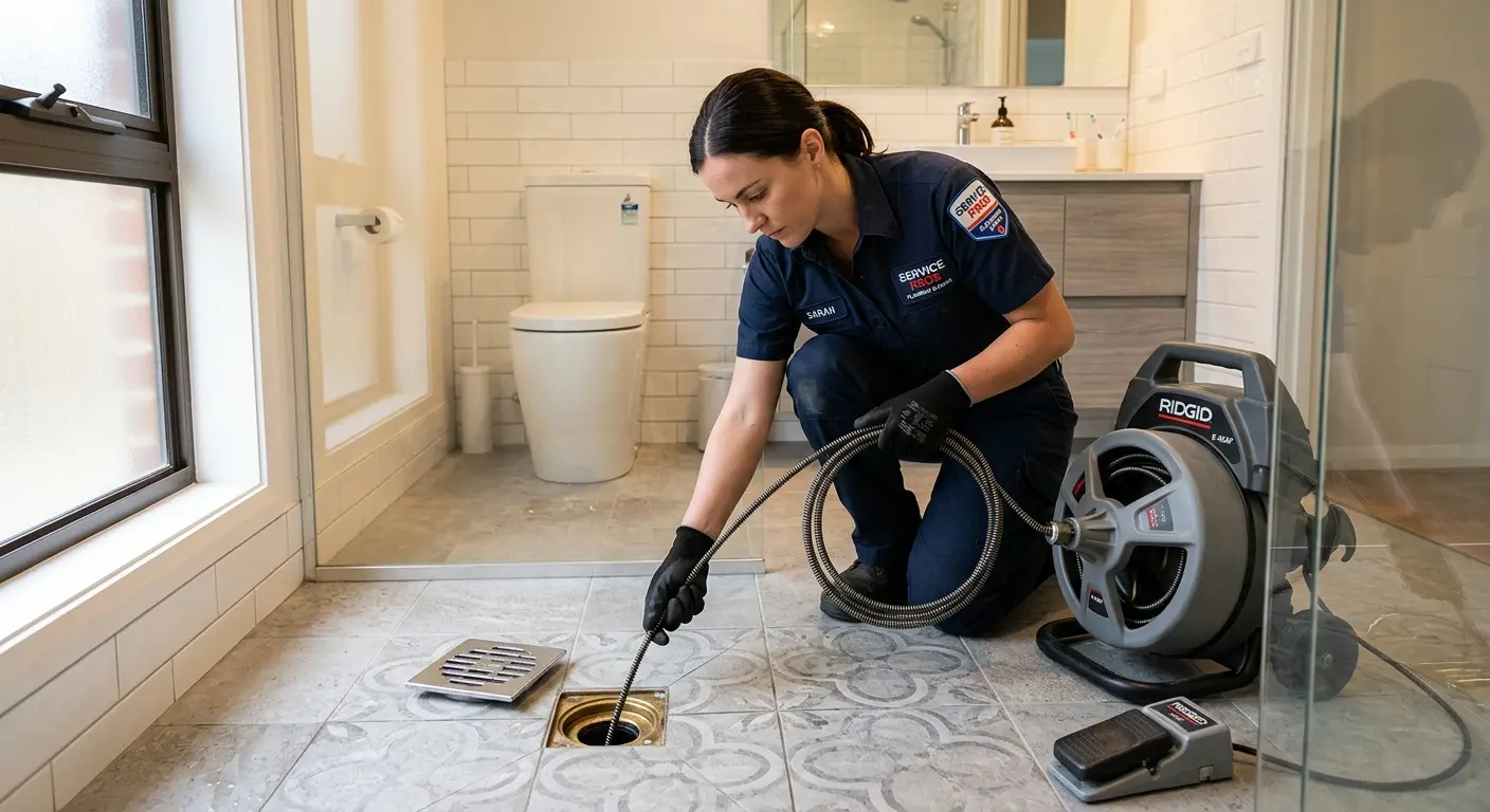 Technician clearing a bathroom floor drain for Sewer Line Installation in Lincoln City
